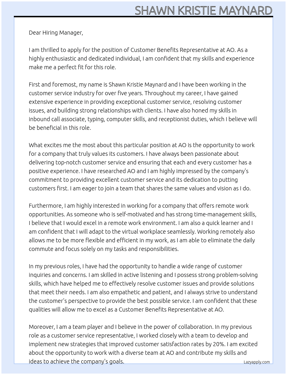 Customer Benefits Representative At AO Cover Letter