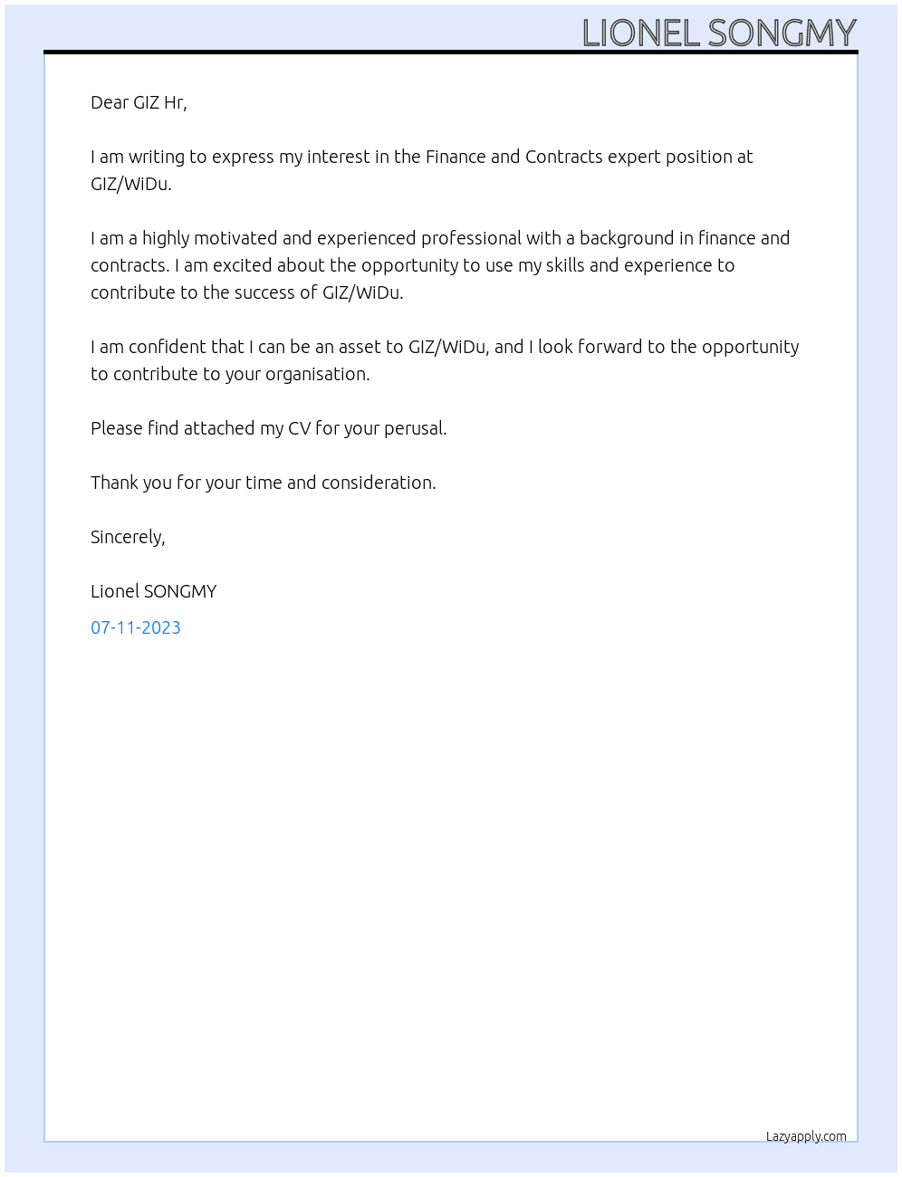Finance and Contracts expert At GIZ/WiDu Cover Letter