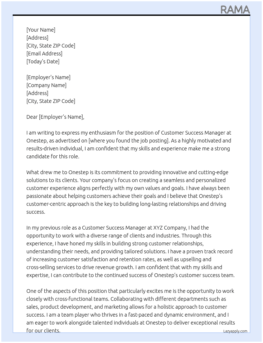 Customer Success Manager At Onestep Cover Letter