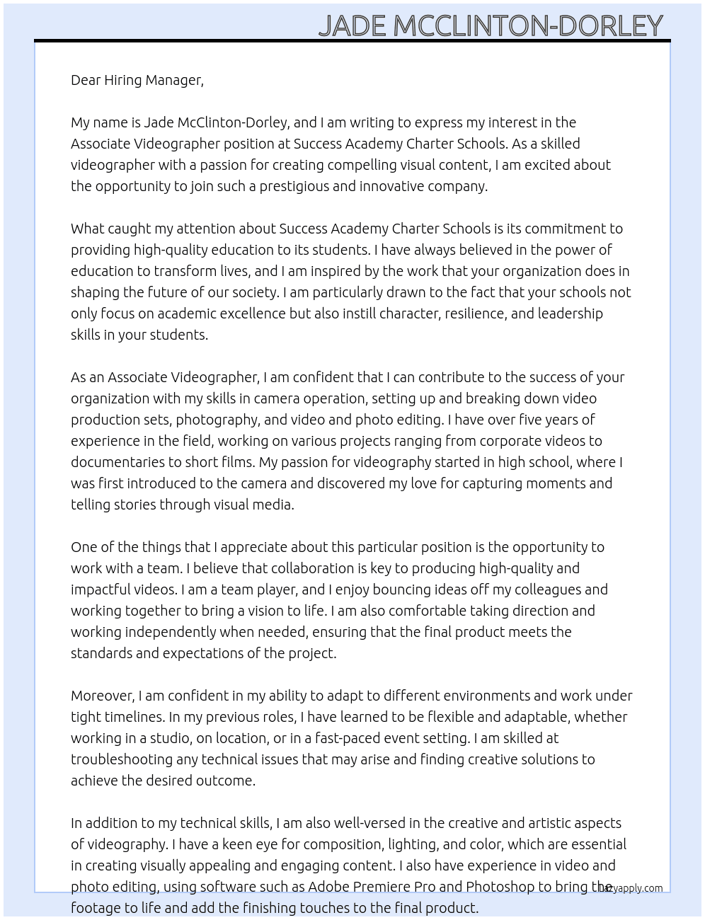 Associate Videographer  At Success Academy Charter Schools  Cover Letter