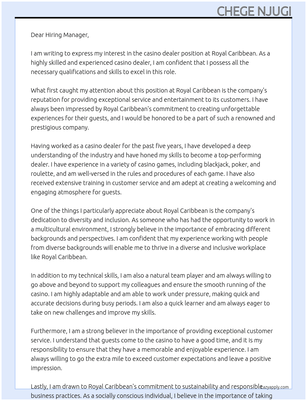 casino dealer At Royal Caribbean Cover Letter