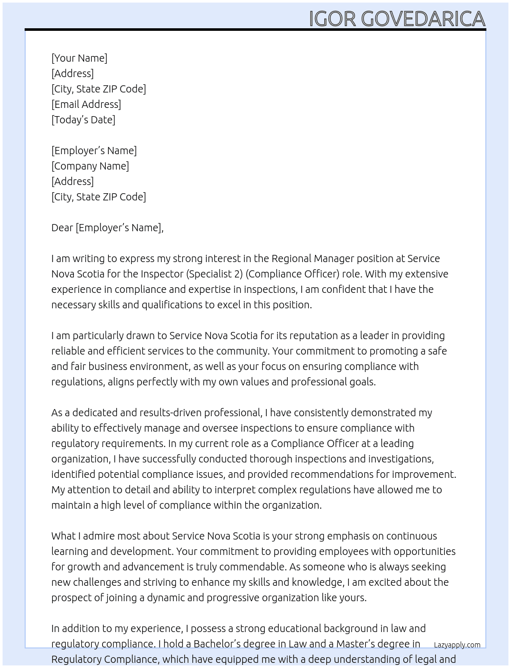 Inspector (Specialist 2) (Compliance Officer) At Service Nova Scotia Cover Letter