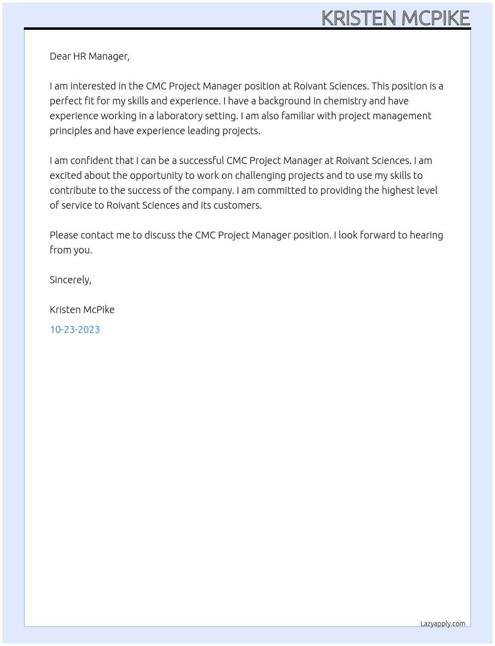 CMC Project Manager At Roivant Sciences Cover Letter