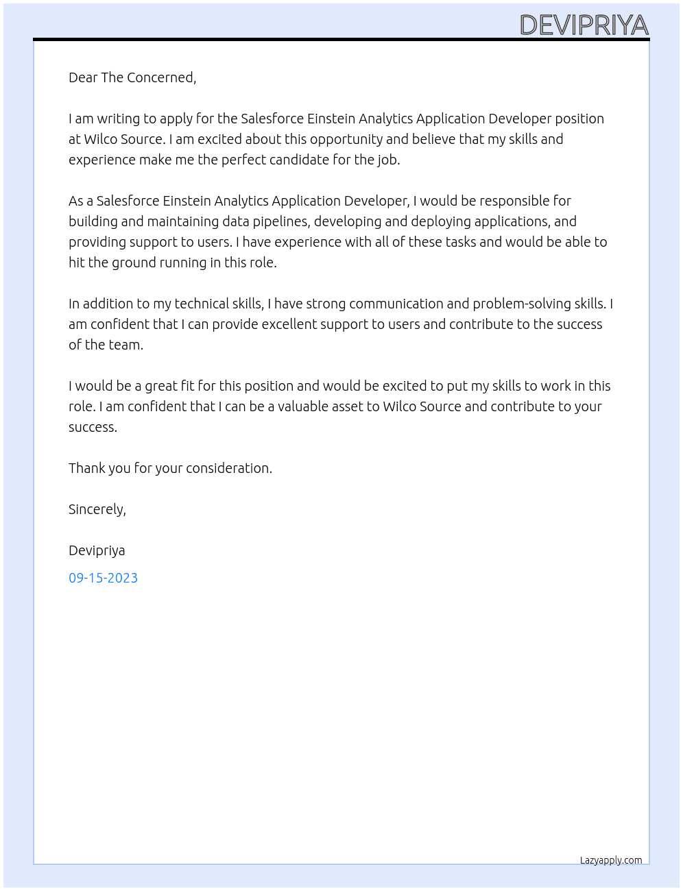 Salesforce Einstein Analytics Application Developer At Wilco Source Cover Letter