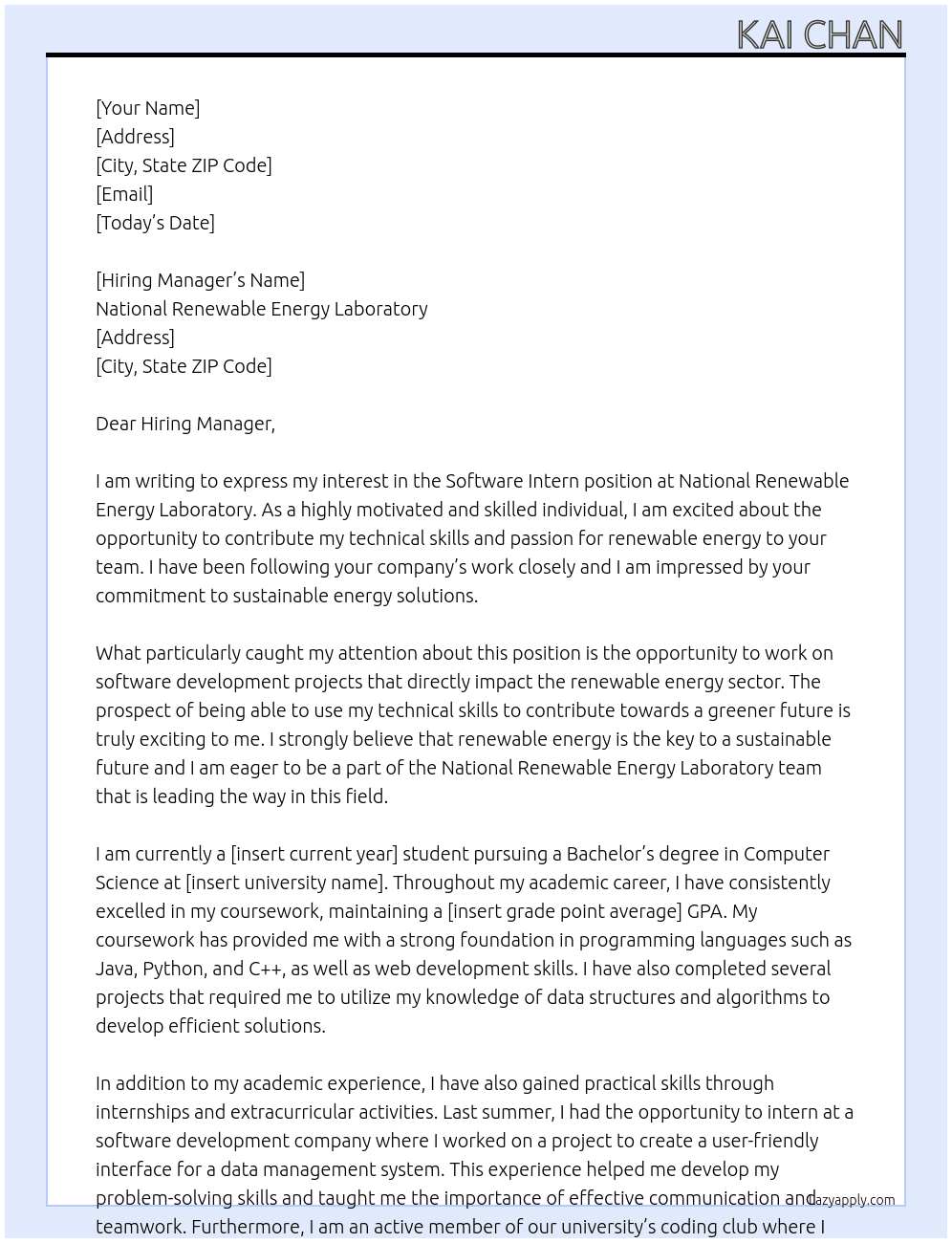 Software Intern At National Renewable Energy Laboratory Cover Letter