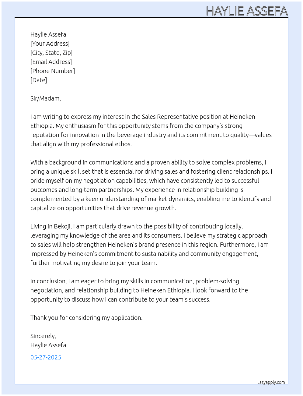 Sales Representative At Heineken Ethiopia Cover Letter
