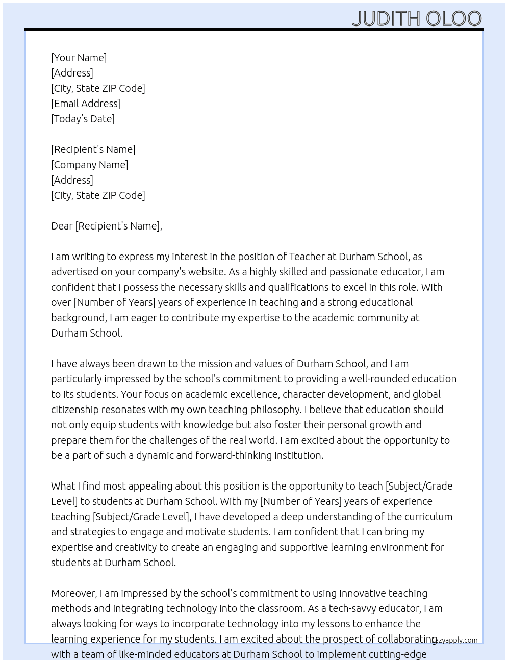 Teacher At Durham School  Cover Letter