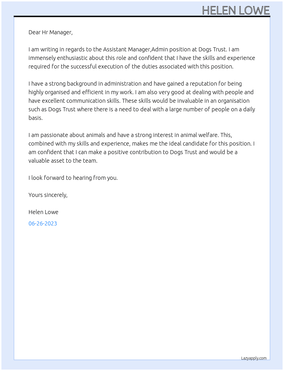 Assistant Manager,Admin At Dogs Trust Cover Letter