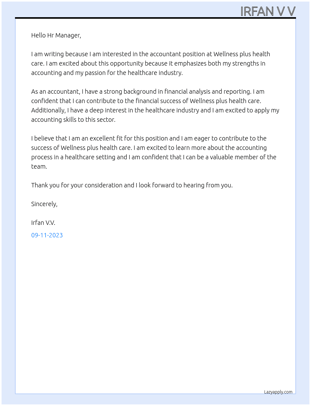 Accountant  At Wellness plus helath cae Cover Letter