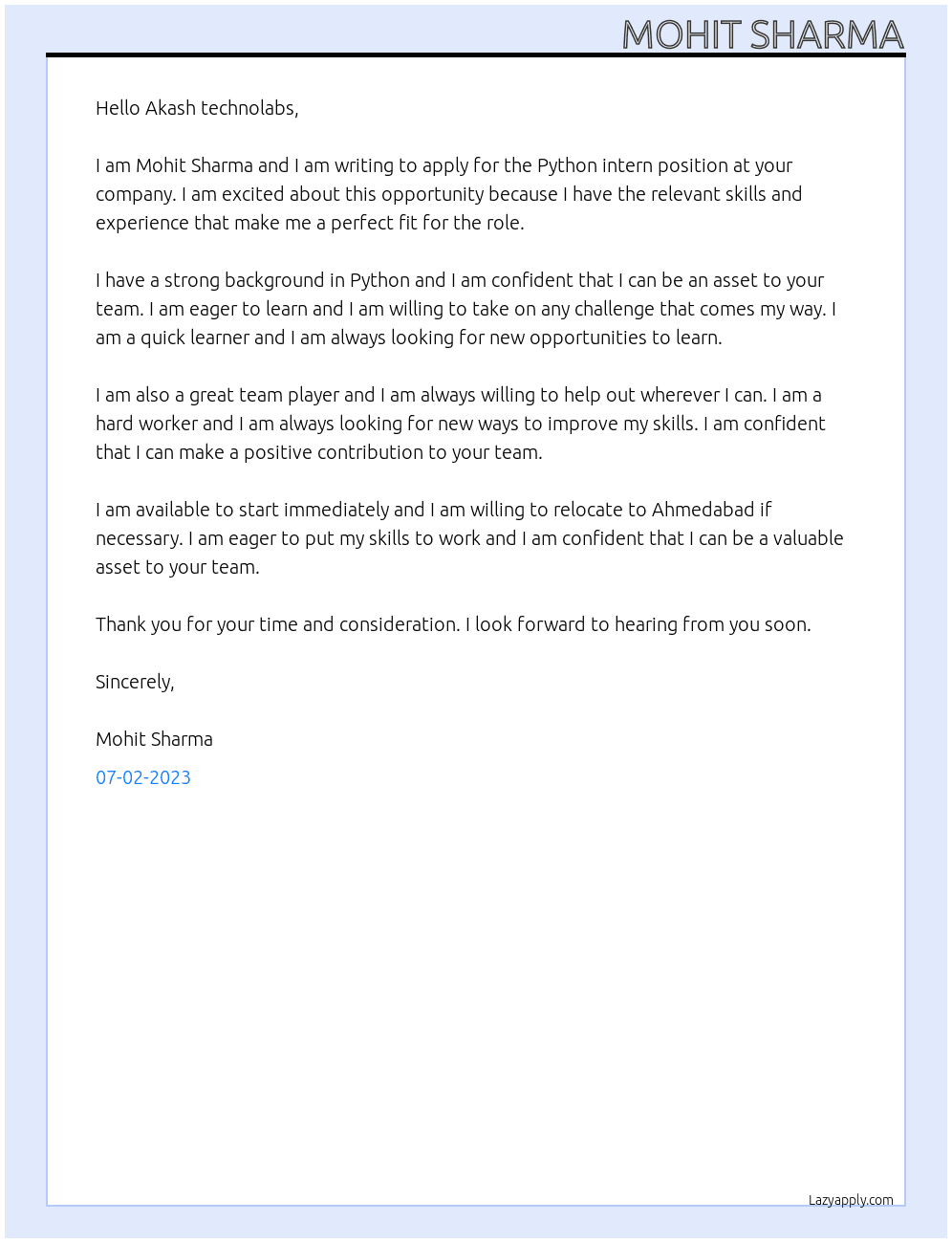 Python intern At Akash technolabs Cover Letter