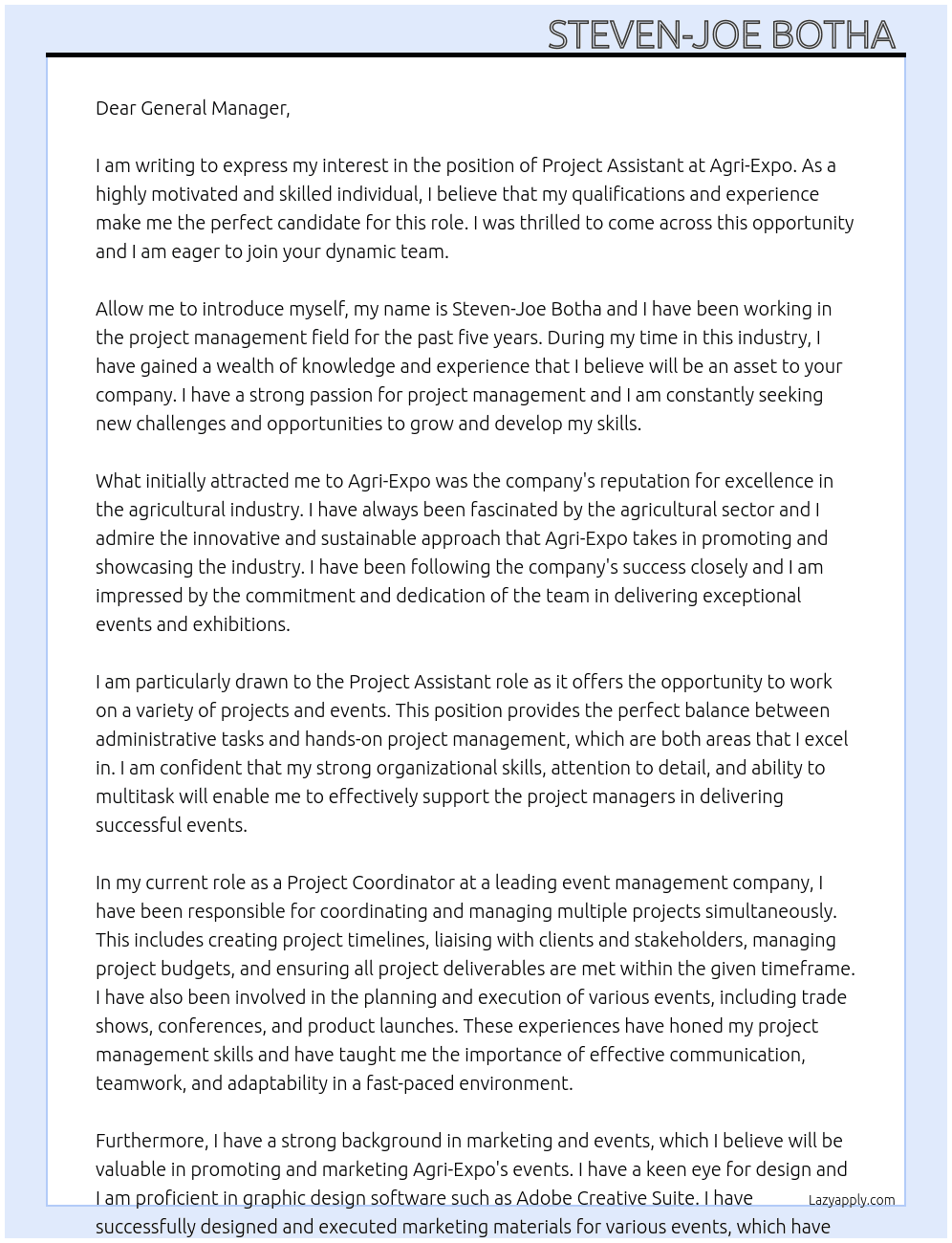 Project assistant At Agri- Expo Cover Letter