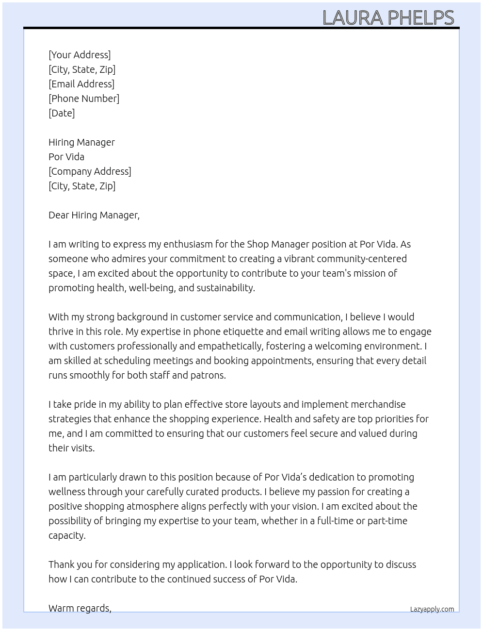 Shop manager  At Por Vida  Cover Letter