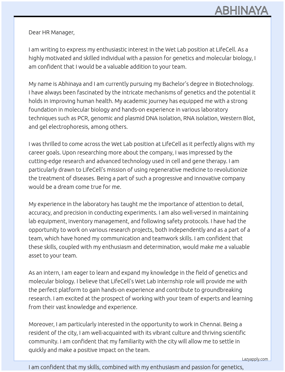 Wet lab At LifeCell Cover Letter