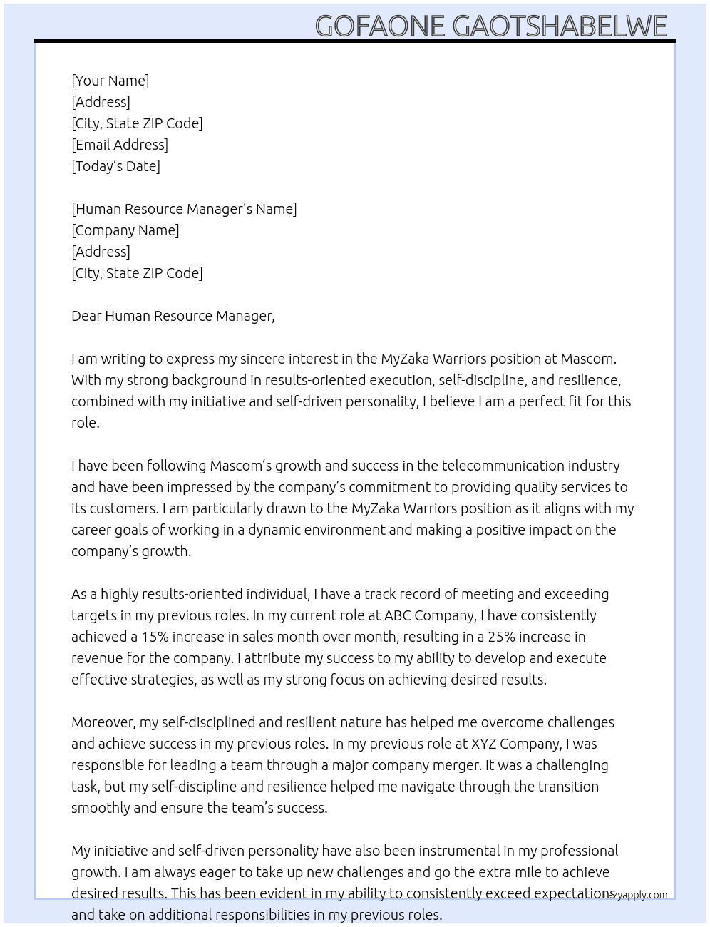 MyZaka Warriors  At Mascom Cover Letter