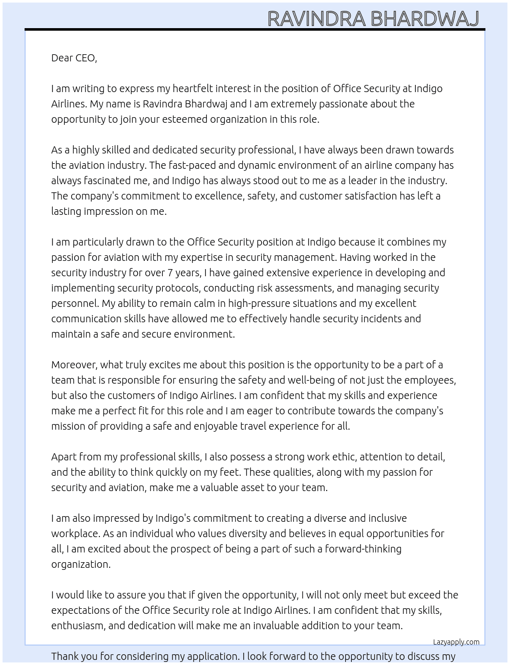 Office security  At Indigo Airlines  Cover Letter