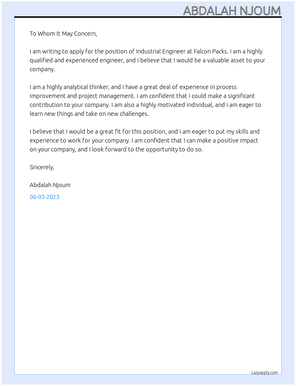 industrial engineer At Falcon packs Cover Letter