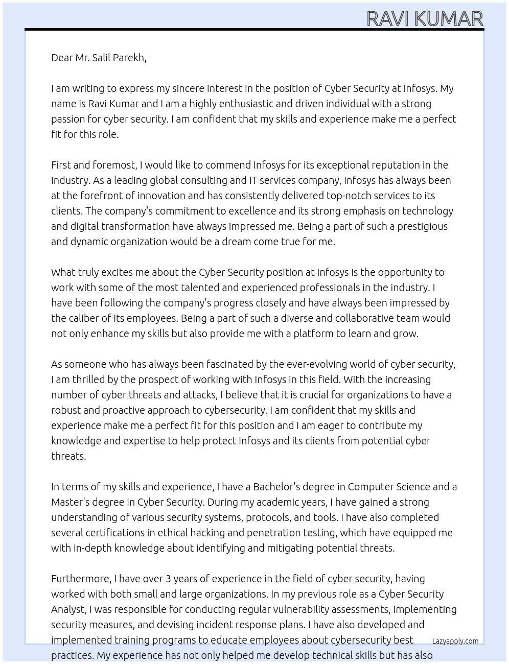 cyber security At Infosys Cover Letter