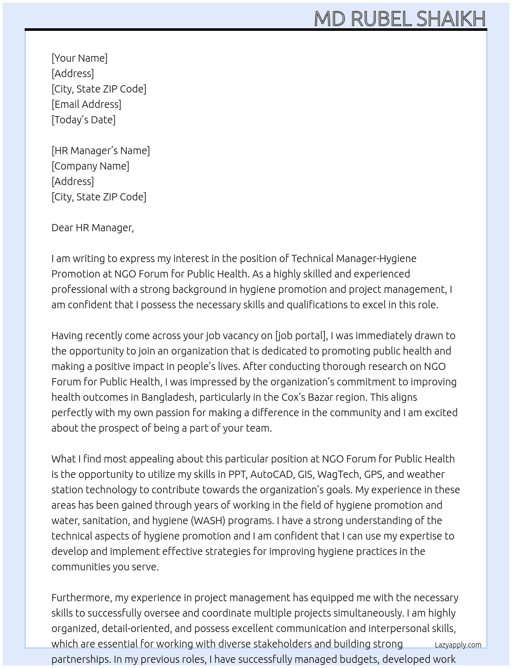 Technical Manager-Hygiene Promotion At NGO Forum for Public Health Cover Letter