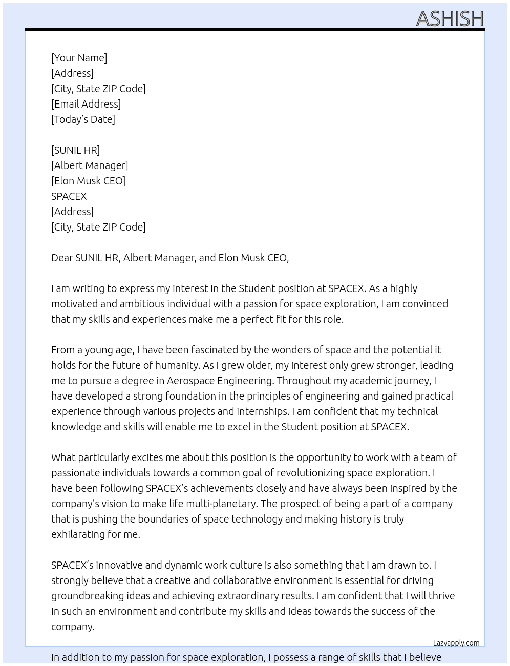 STUDENT At SPACEX Cover Letter