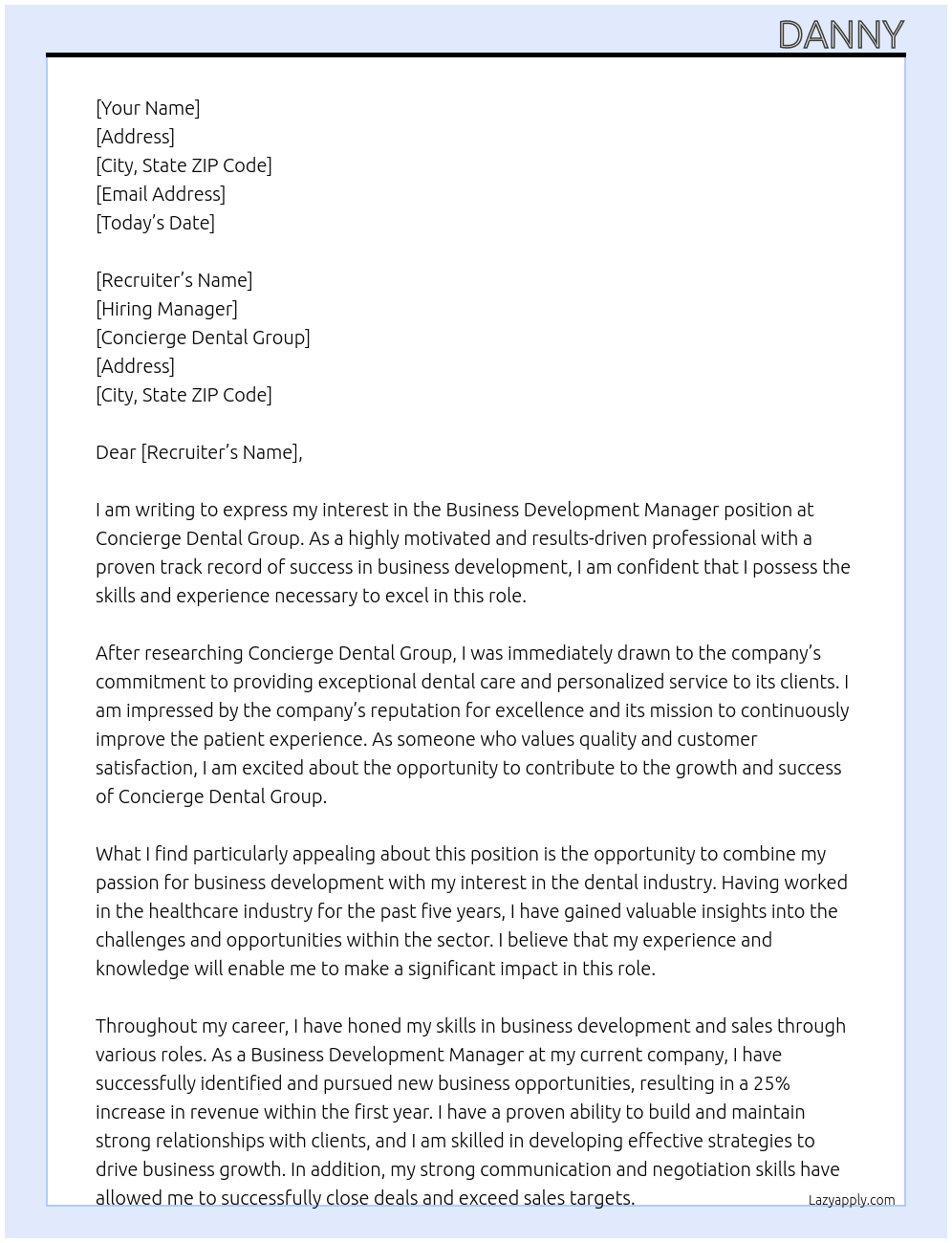 Business Development Manager At Concierge Dental Group Cover Letter
