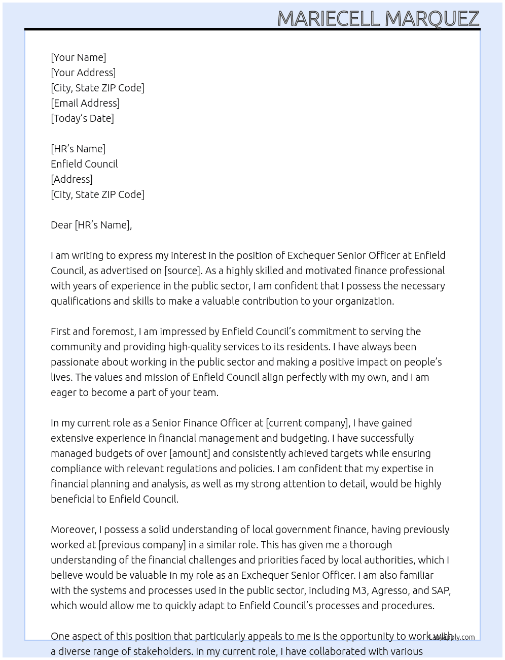 exchequer senior officer At Enfield Council Cover Letter