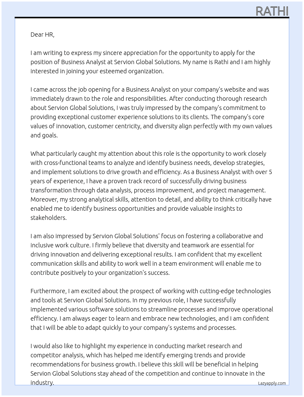 Business Analyst At Servion Global Solutions Cover Letter