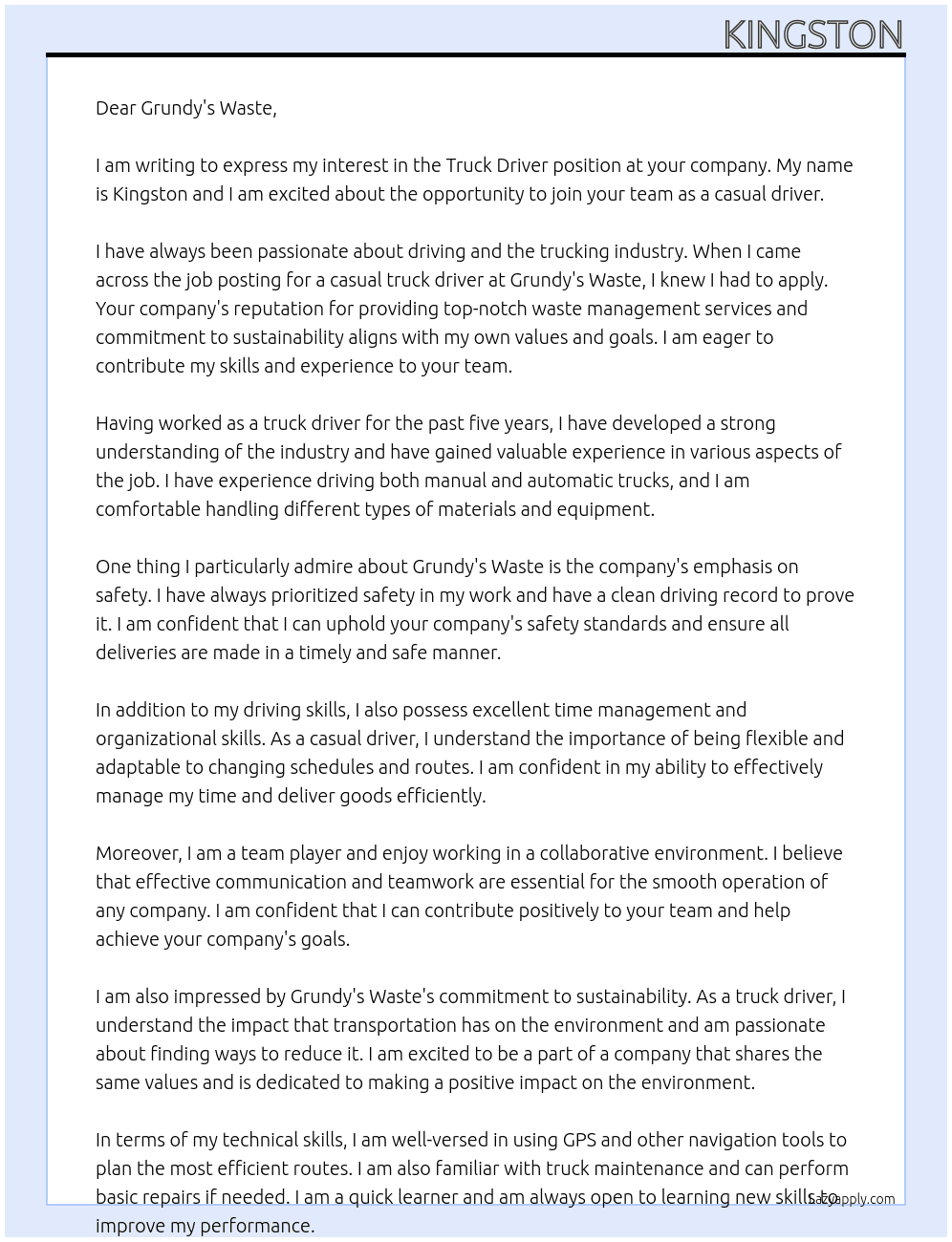 Truck Driver At Grundy's Waste Cover Letter