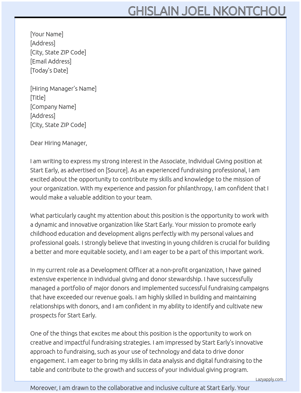 Associate, Individual Giving At Start Early Cover Letter