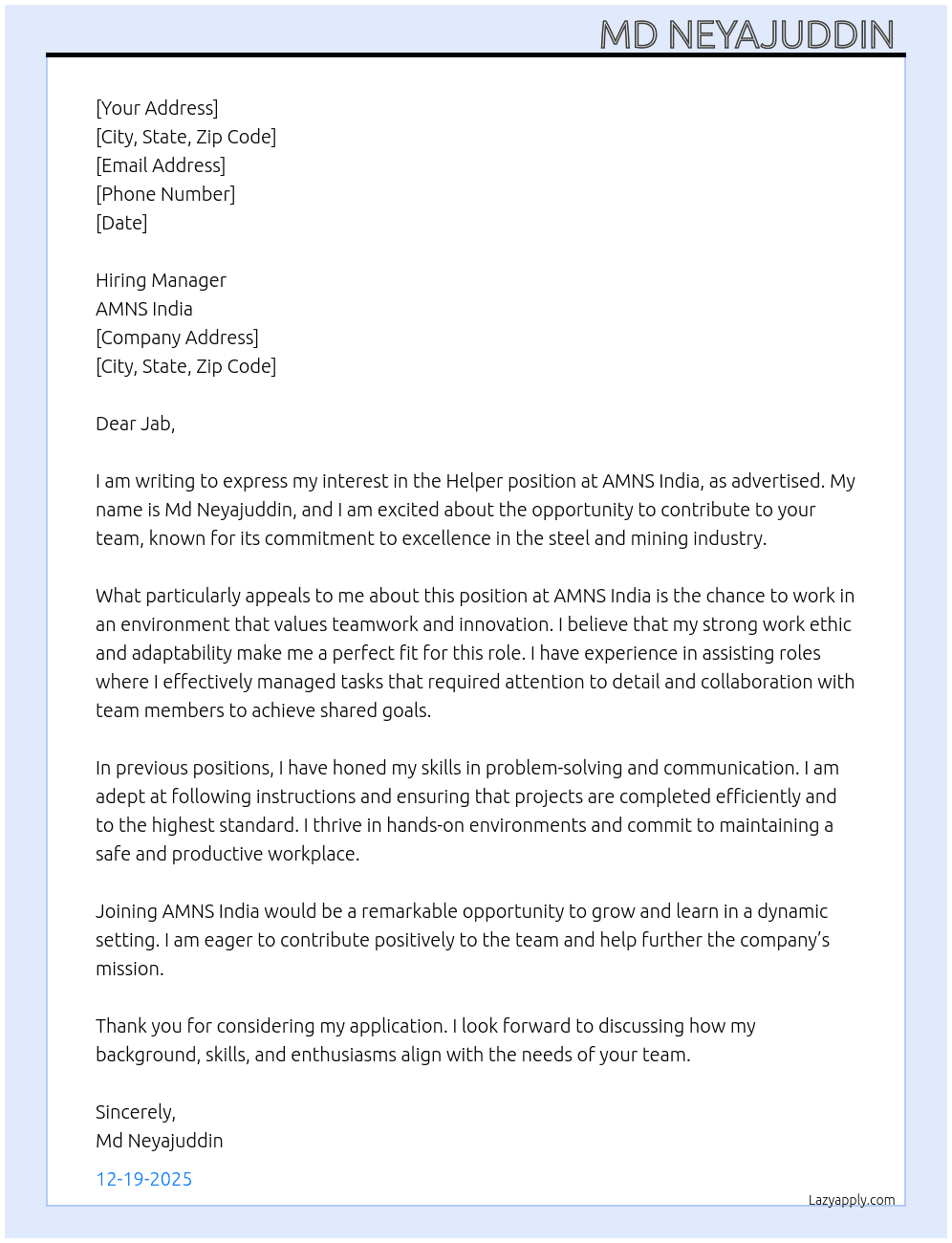 Helper At AMNS india  Cover Letter