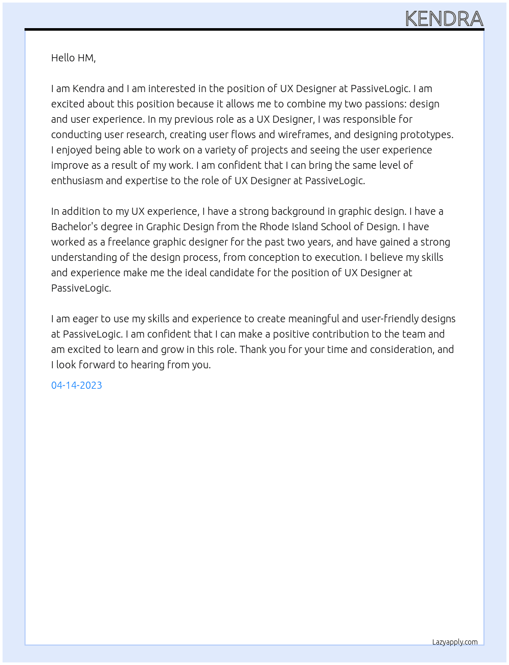 UX Designer At PassiveLogic Cover Letter
