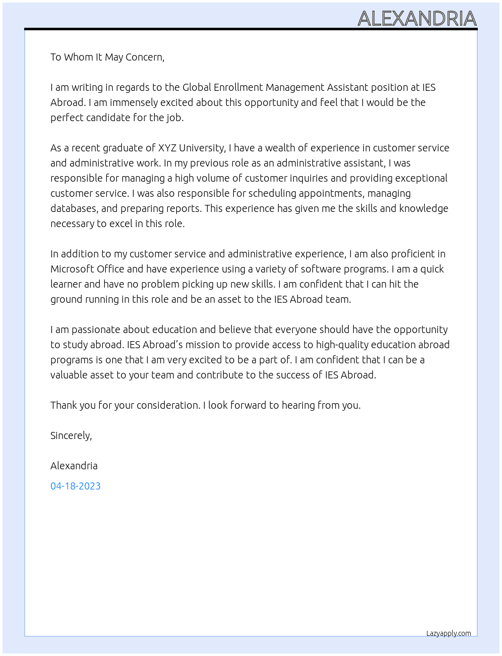 Global Enrollment Management Assistant At IES Abroad Cover Letter