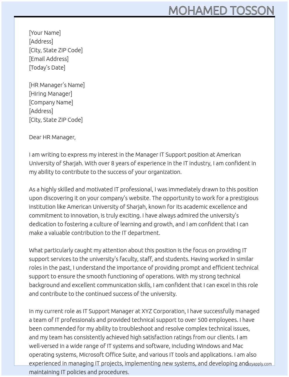 Manager IT Support At American University Of Sharjah Cover Letter
