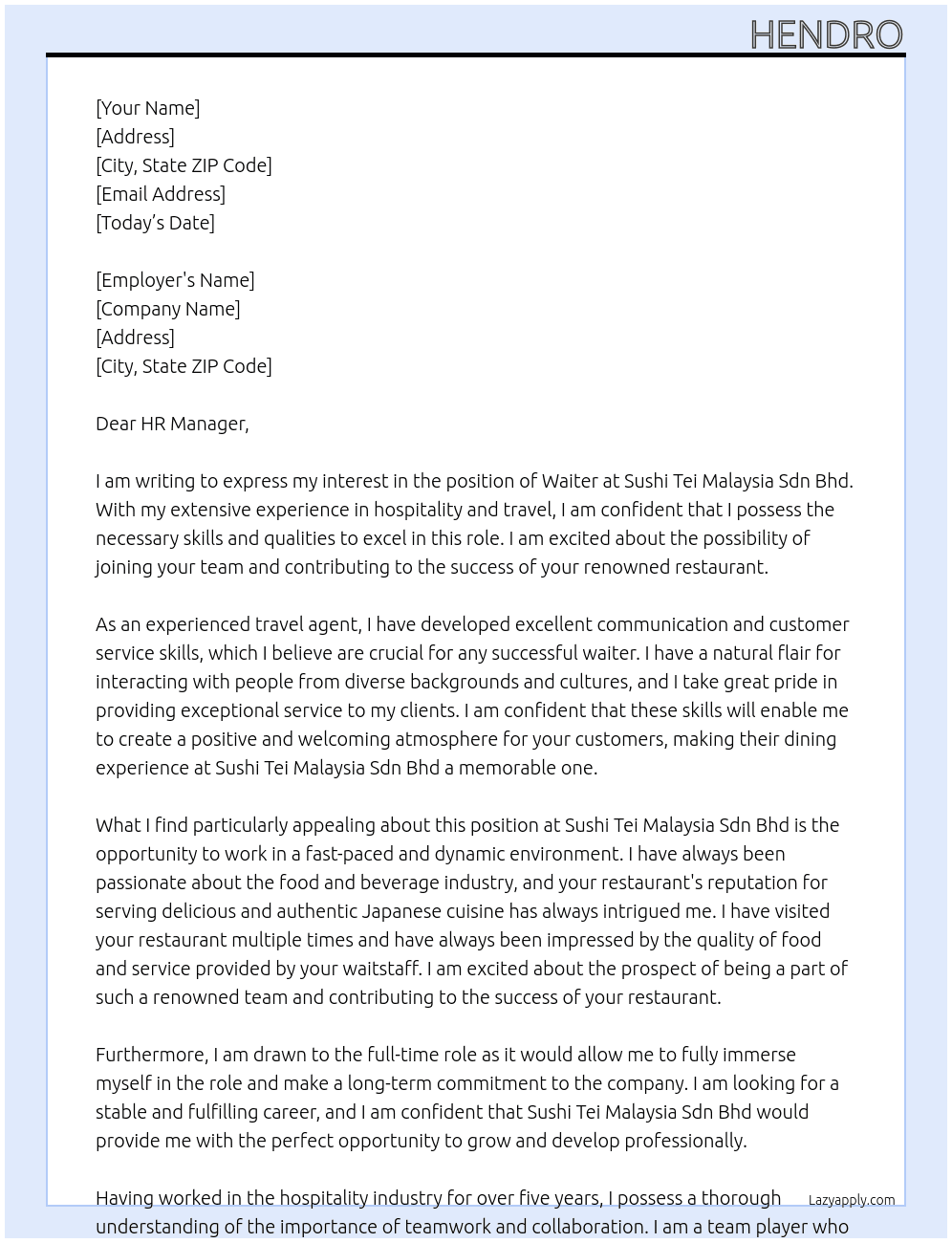 Waiters  At Sushi Tei Malaysia Sdn Bhd Cover Letter