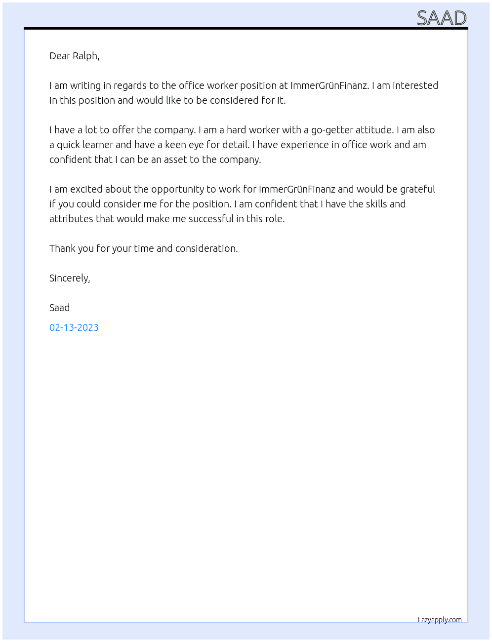 Office worker At ImmerGrünFinanz Cover Letter
