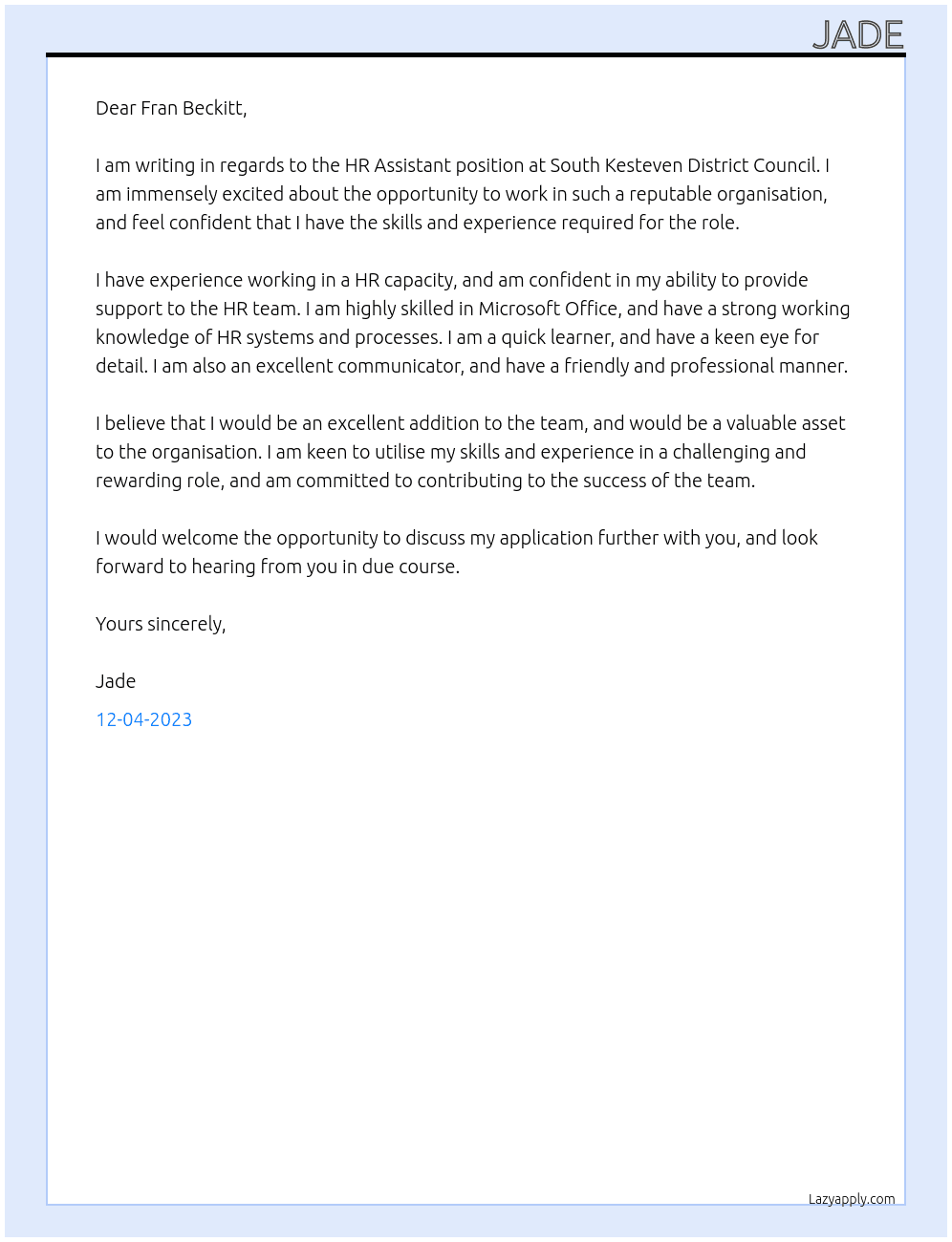 HR Assistant At South Kesteven District Council Cover Letter