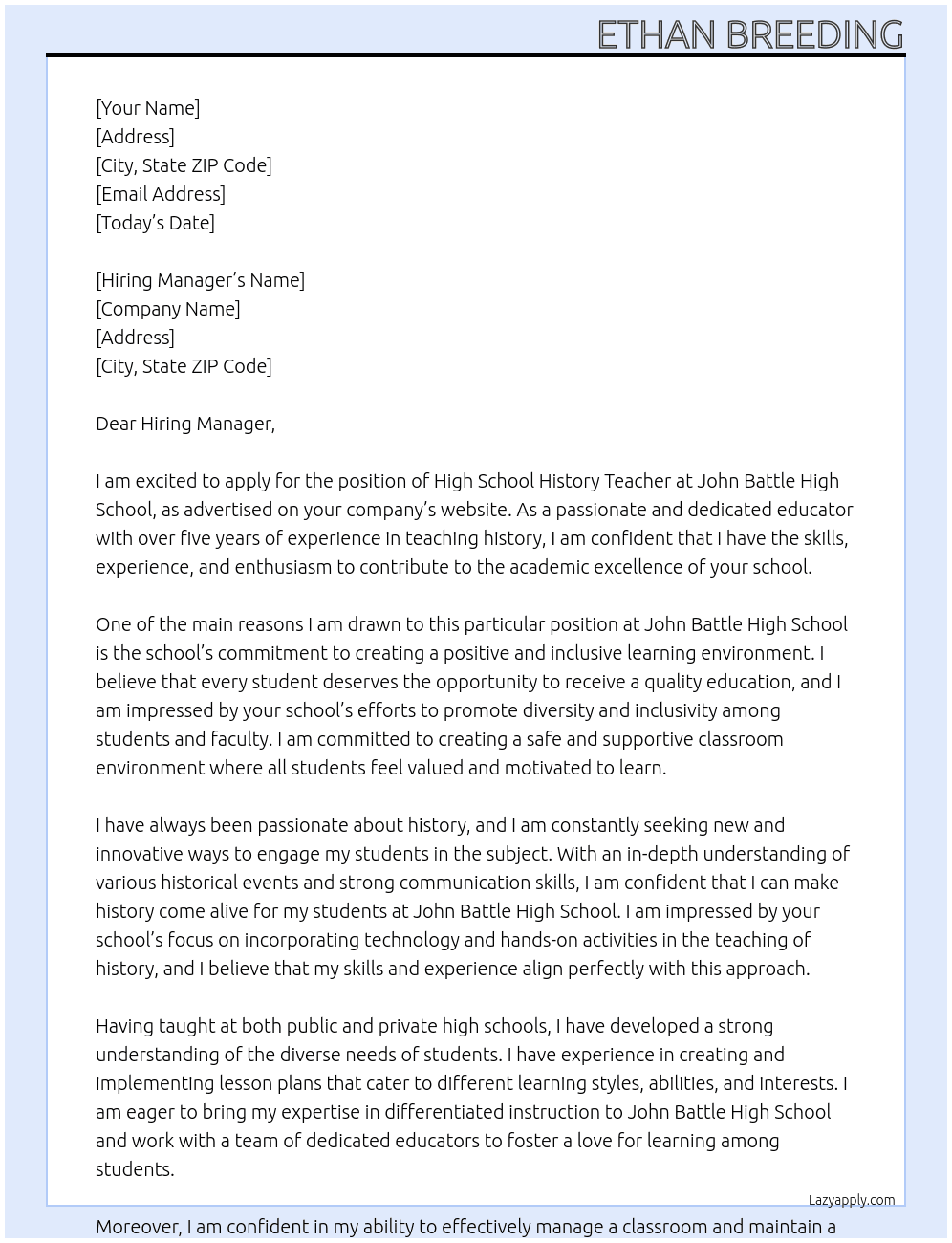High School History Teacher At John Battle High School Cover Letter