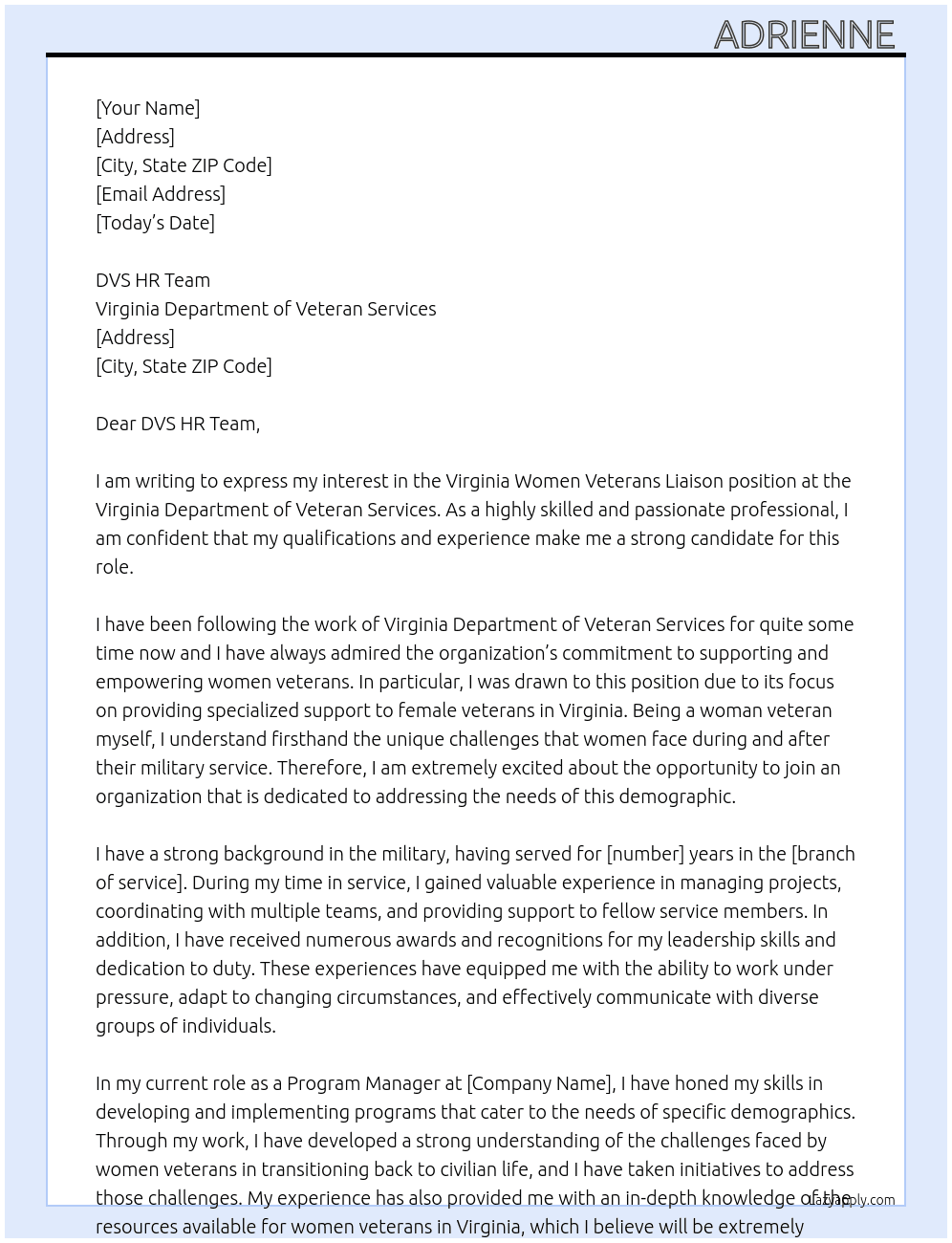 Virginia Women Veterans Liaison At Virginia Department of Veteran Services Cover Letter