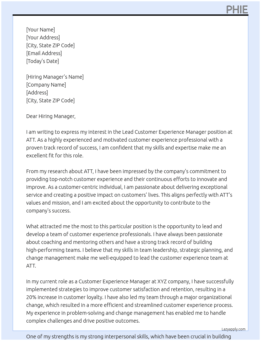 Lead Customer Experience Manager At ATT Cover Letter