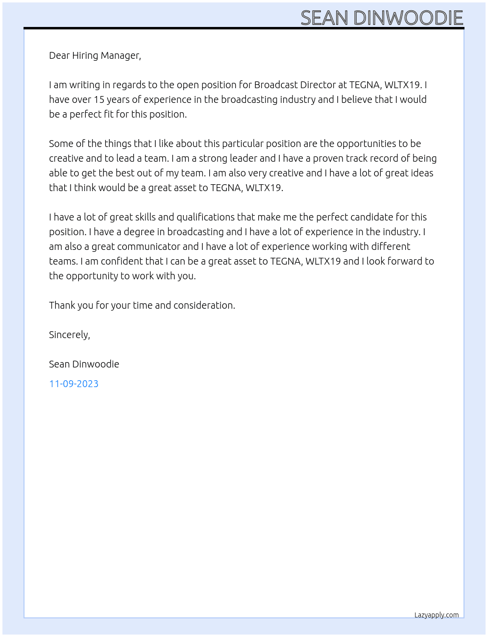 Broadcast Director At TEGNA, WLTX19 Cover Letter