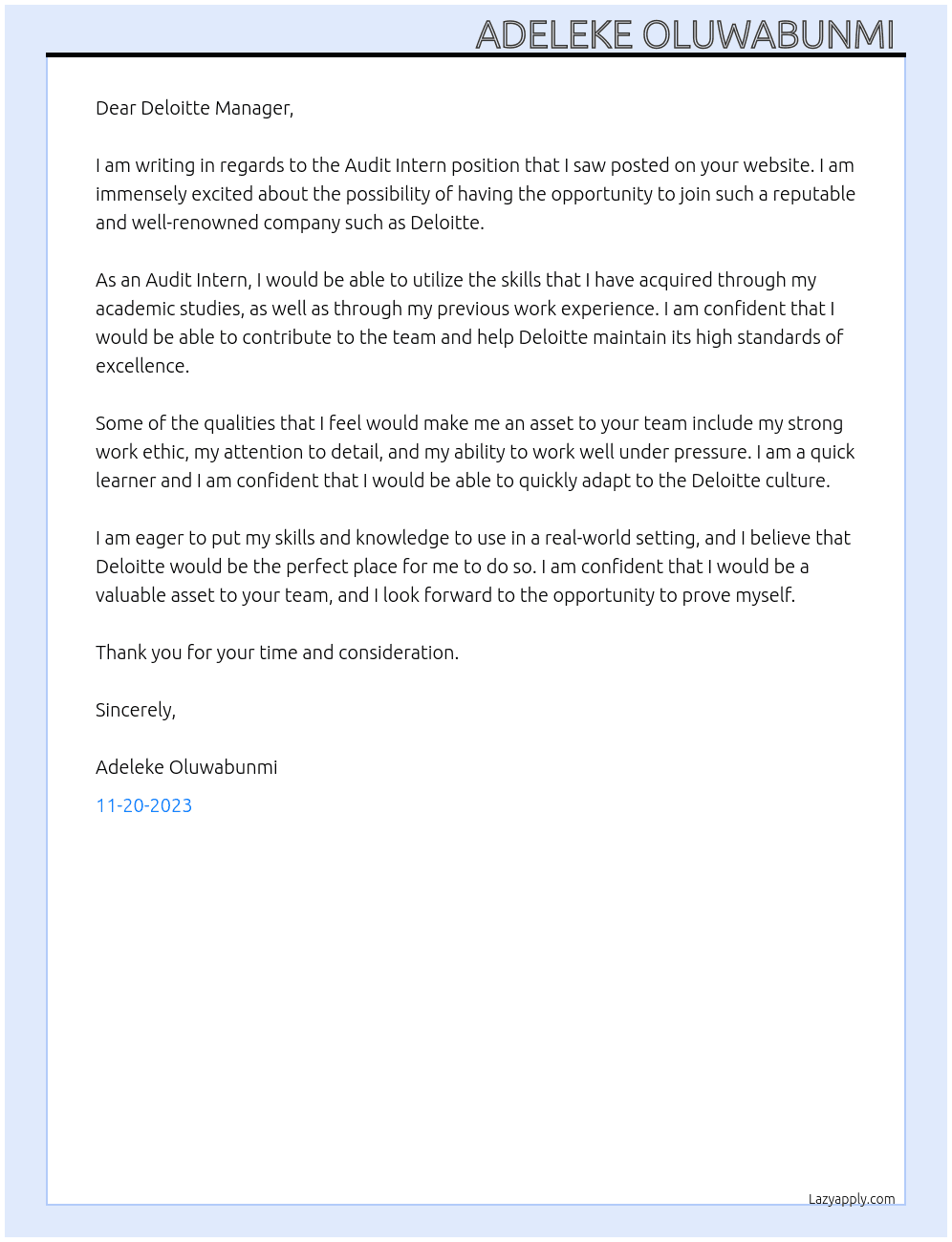 Audit Intern At Deloitte  Cover Letter