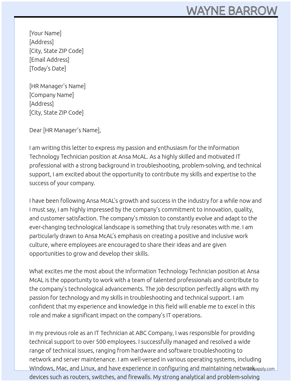 Information Technology Technician  At Ansa McAL Cover Letter
