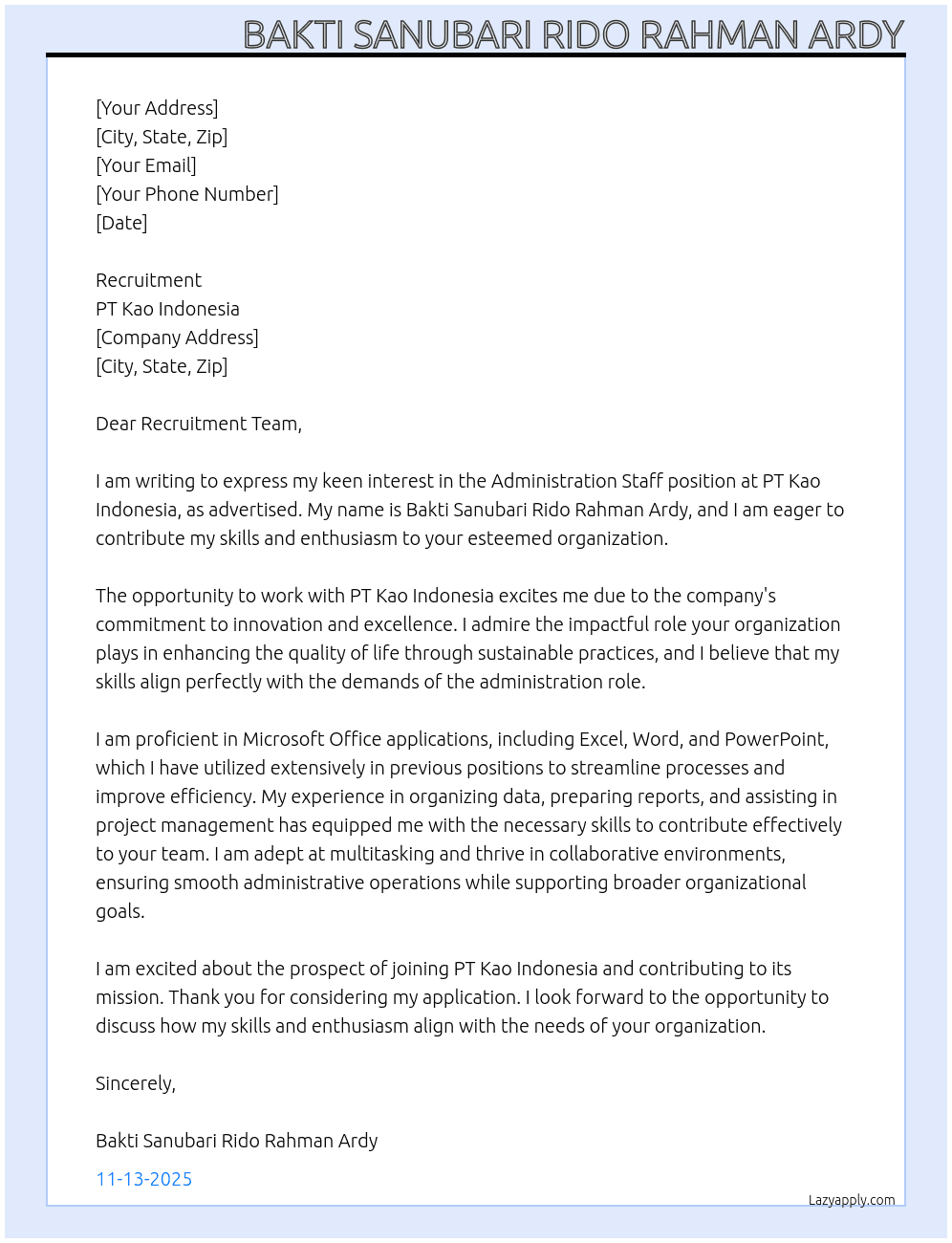 Cover letter for administration staff - LazyApply