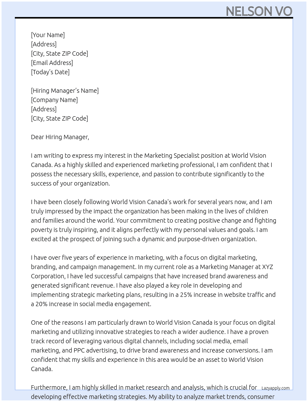 Marketing Specialist At World Vision Canada Cover Letter