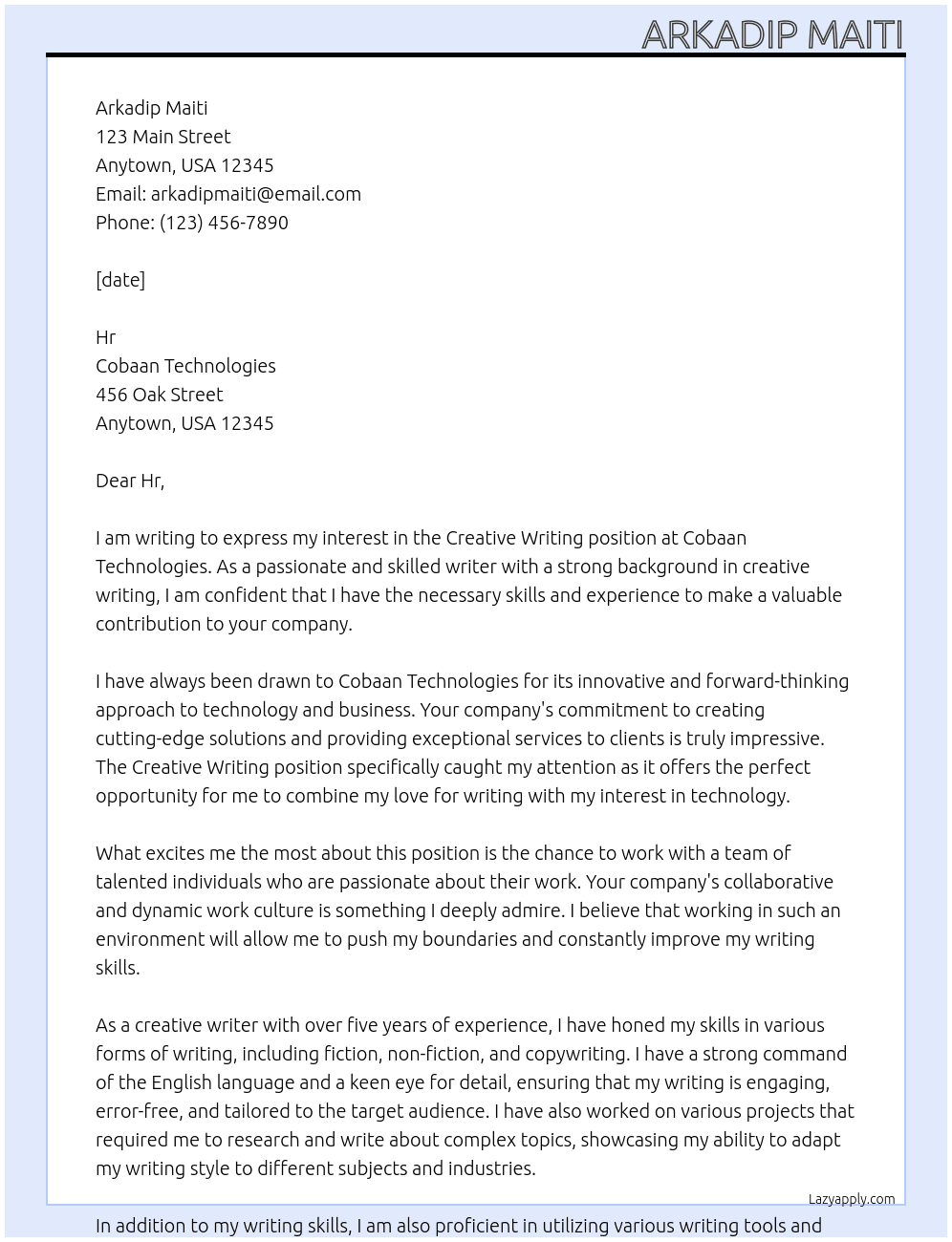 Creative writing  At Cobaan Technologies  Cover Letter