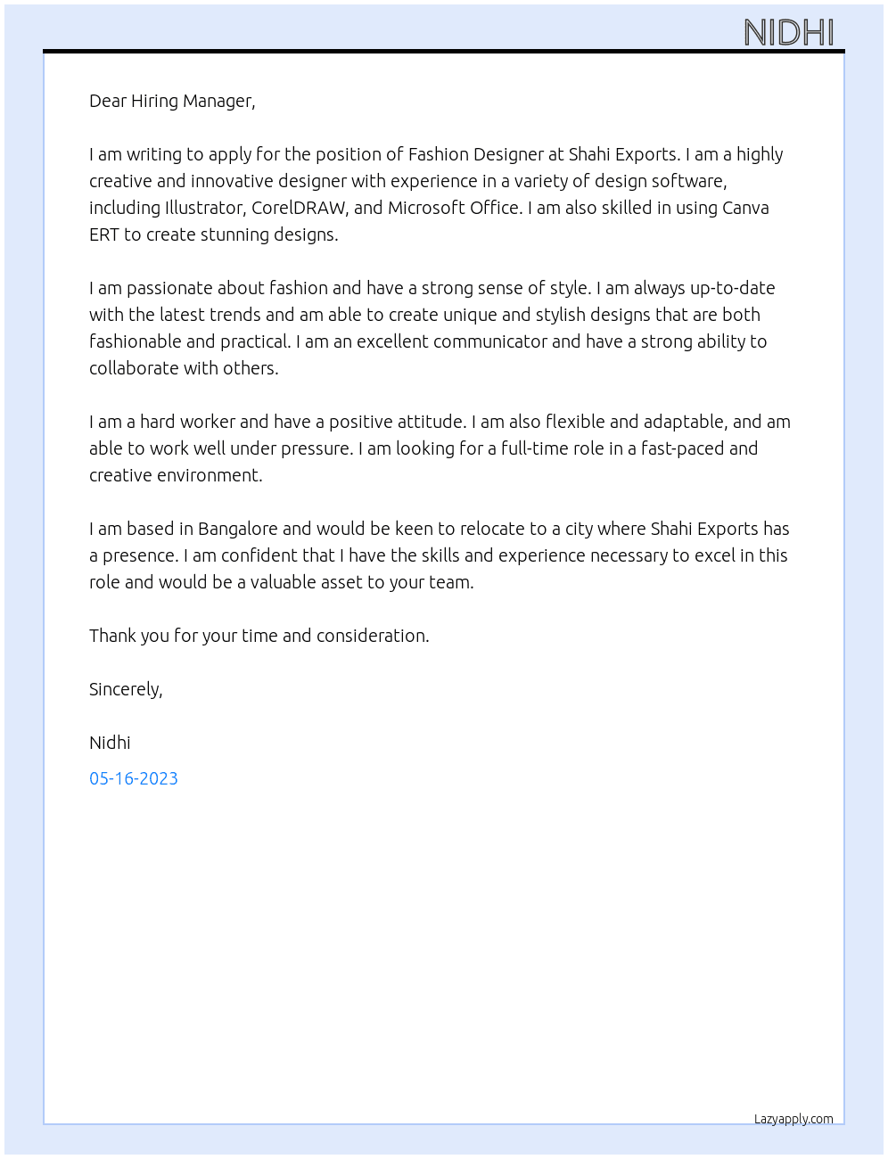 Fashion designer  At Shahi exports  Cover Letter