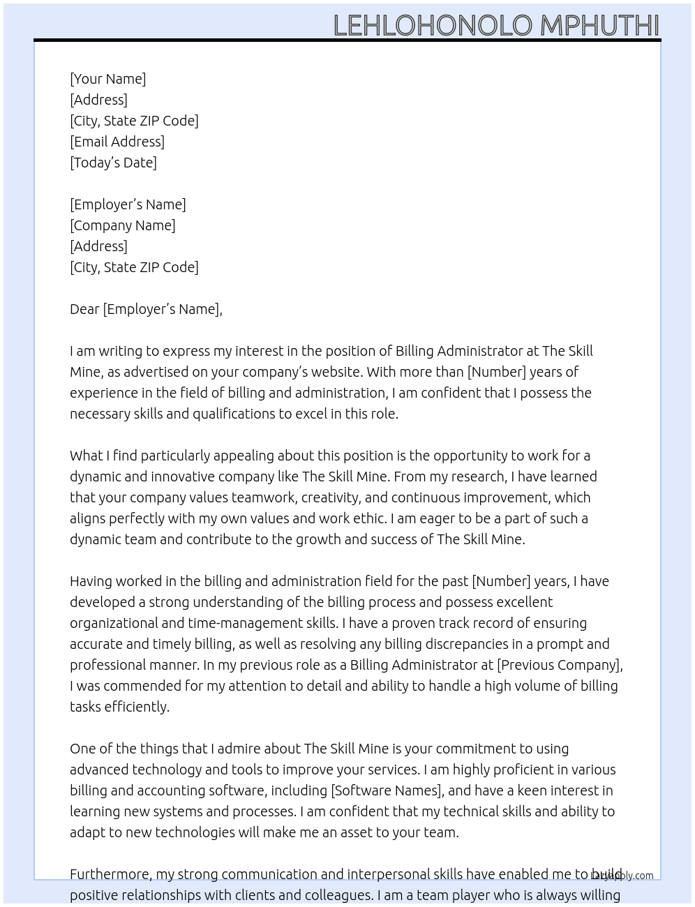 Billing Administrator At The Skill Mine Cover Letter