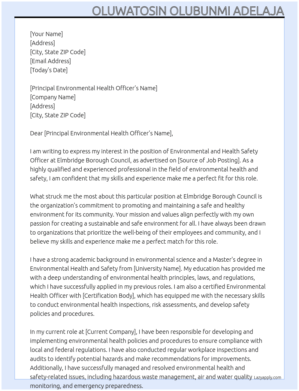 environmental and health safety officer At Elmbridge Borough Council Cover Letter