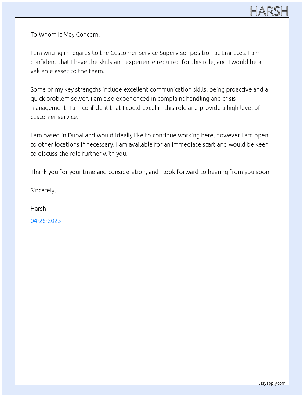 Customer service supervisor  At Emirates  Cover Letter