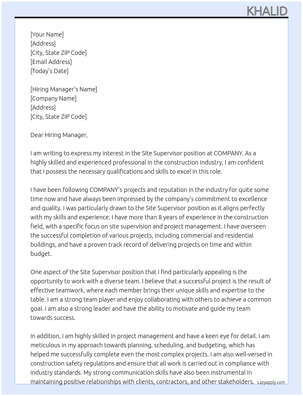 Site Supervisor At COMPANY Cover Letter