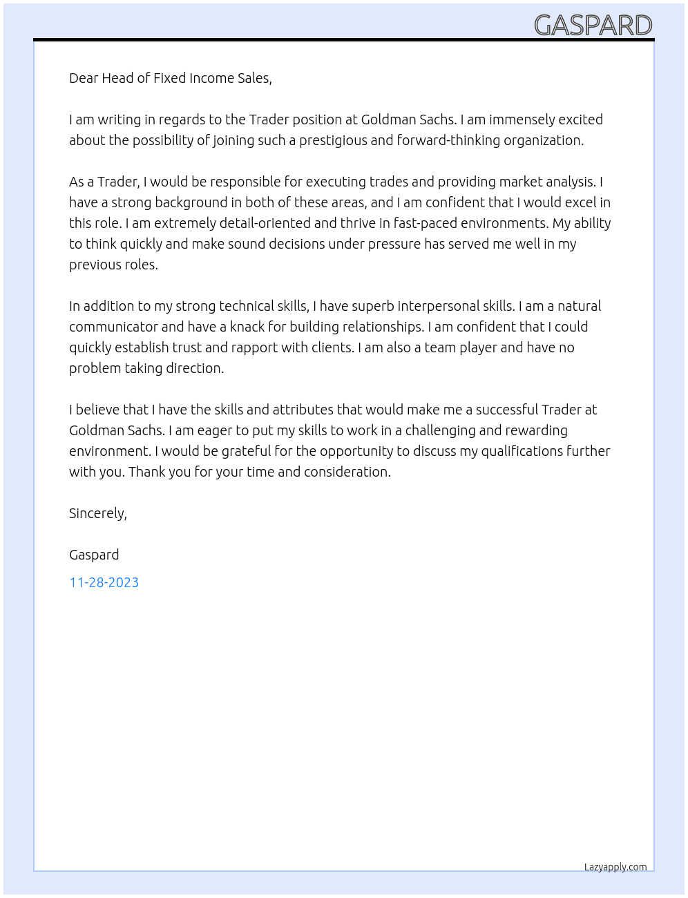 Trader At Goldman Sachs Cover Letter